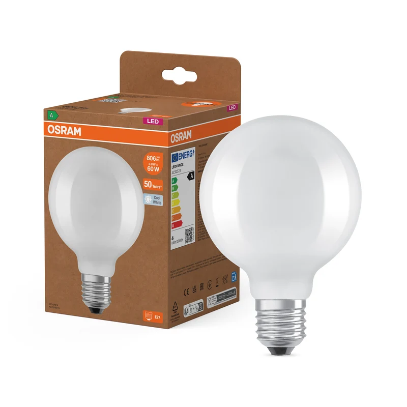 OSRAM LED LAMPS ENERGY CLASS A ENERGY EFFICIENCY FILAMENT CLASSIC Globe in Globusform-Form, LED-Lampe, Bleifreies Glas, Matt, 806 lm, Kaltweiß, Energieeffizienzklasse: A