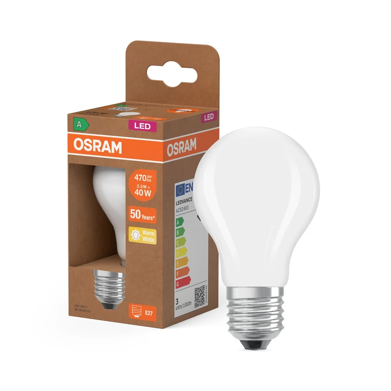 OSRAM LED LAMPS ENERGY CLASS A ENERGY EFFICIENCY FILAMENT CLASSIC A in A-Form, LED-Lampe, Bleifreies Glas, Matt, 2,2 W, 470 lm, Warmweiß, Energieeffizienzklasse: A