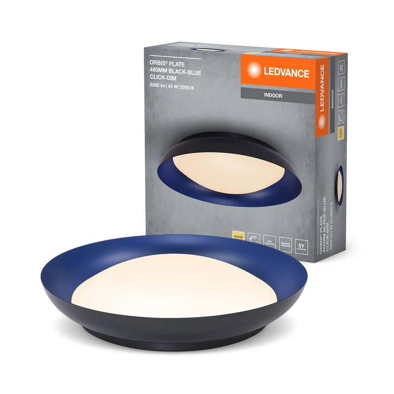 LEDVANCE Orbis Plate LED-Deckenleuchte, schwarz-blau, 45W, 2200lm, 3000K, 480mm, 830 freundliches Warmweiß, durch Kicken in 3-Stufen dimmbar, IP20 Schutz, Montageschrauben und Dübel inklusive