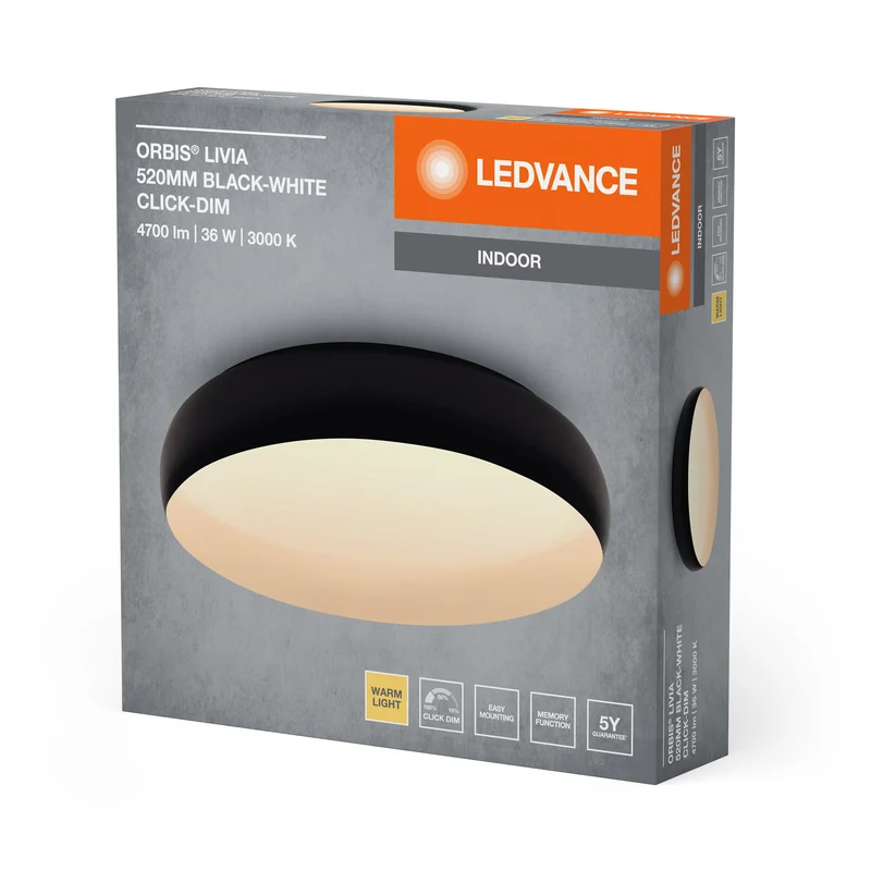 LEDVANCE ORBIS Livia LED-Deckenleuchte mit Metallring, schwarz-weiß, 36W, 2400lm, 3000K, 520mm, 830 freundliches Warmweiß, durch Klicken in 3-Stufen dimmbar, IP20, Montageschrauben und Dübel inklusive