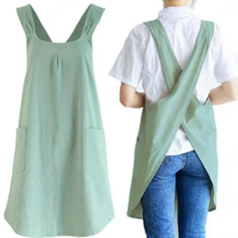 Euroselle Cotton-Blend Cross-Back Apron Dress With Korean Design For Everyday Wear