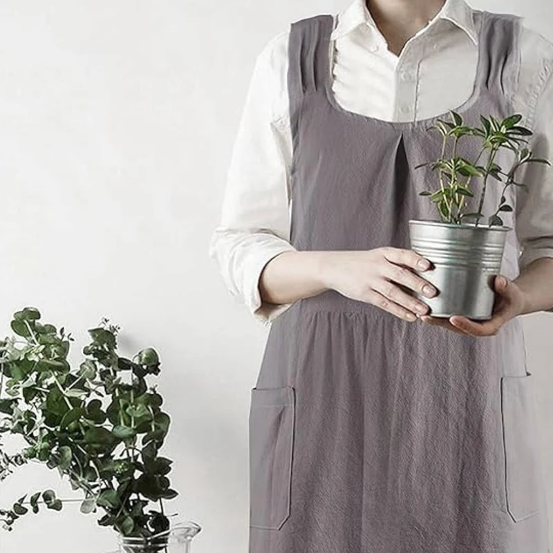 Euroselle Cotton-Blend Cross-Back Apron Dress With Korean Design For Everyday Wear