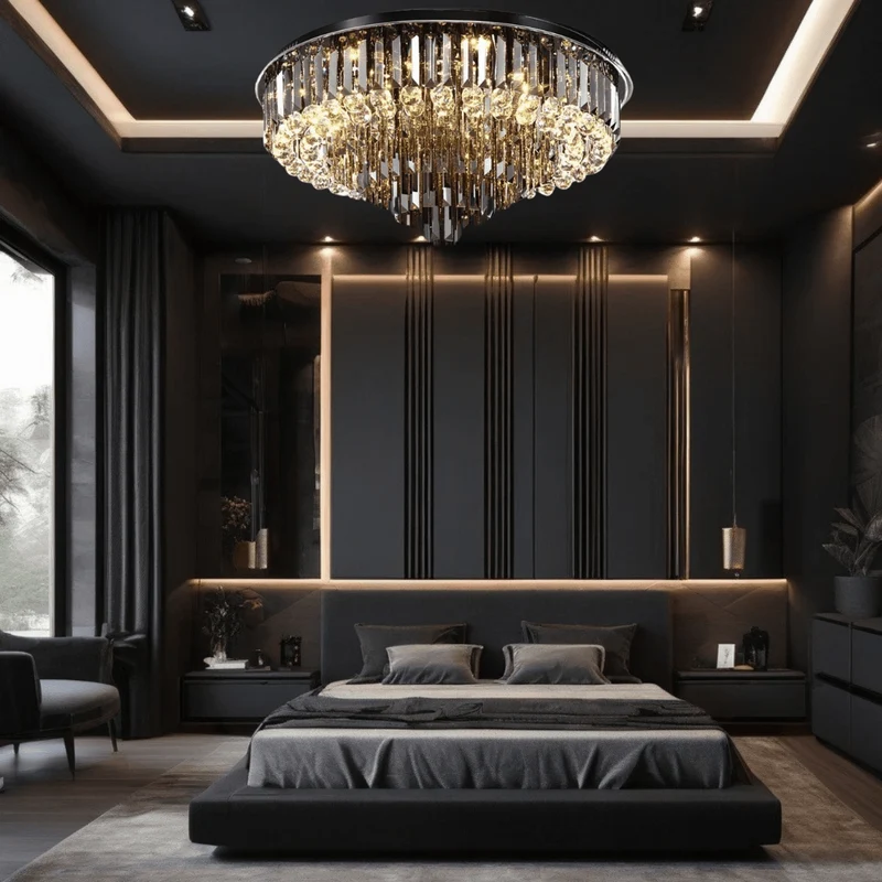 Meridian Black Crystal Chandelier By Euroselle With Stainless Steel