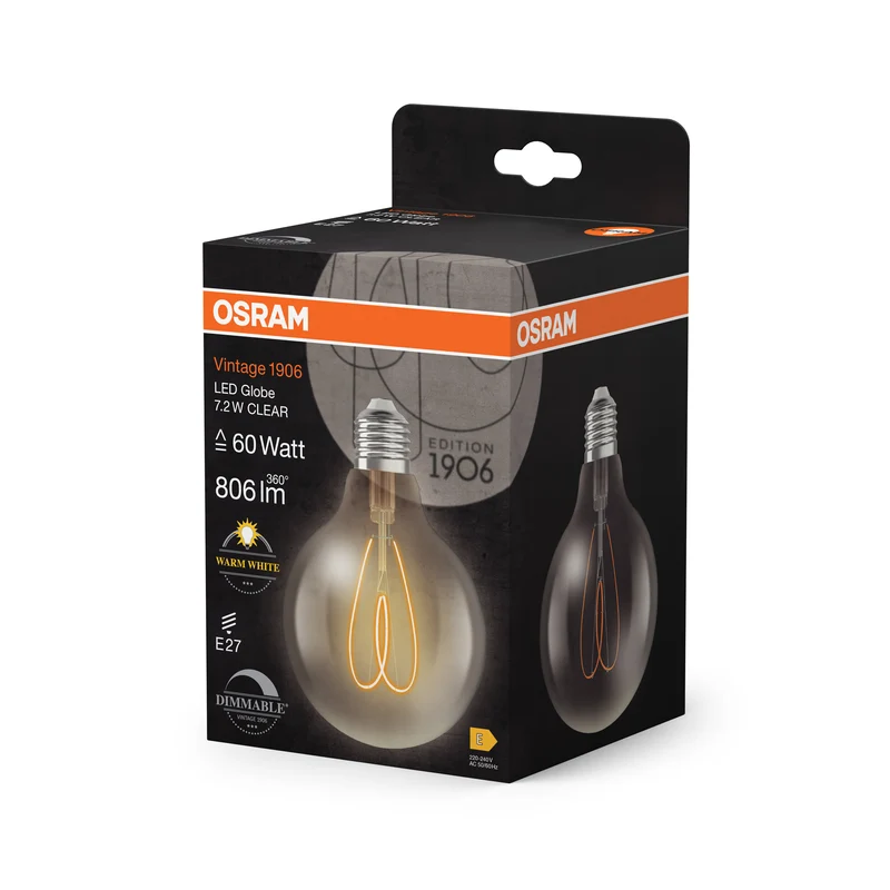 OSRAM Vintage 1906 Globe LED-Lampe Klar, 7.2W, 806lm, 2700K , Warmweiß , E27