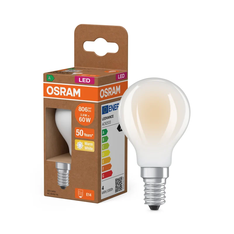 OSRAM LED CLASSIC P ENERGY EFFICIENCY A in P-Form, LED-Lampe, Bleifreies Glas, Matt, 3,8 W, (ex 60 W), 806 lm, Warmweiß, 2700 K, Energieeffizienzklasse: A, CRI 80