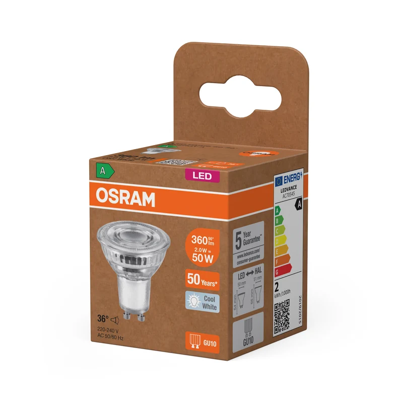 OSRAM LED LAMPS ENERGY EFFICIENCY REFLECTOR in PAR16-Form, LED-Spot, Bleifreies Glas, 2 W, (ex 50 W), 360 lm, Kaltweiß, 4000 K, Energieeffizienzklasse: A, CRI 80