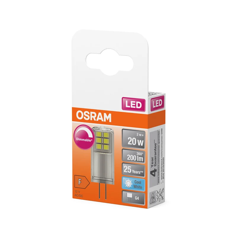 OSRAM LED Stiftsockellampe PIN 20, 320°, DIM, 2W, 840, klar, G4 , Kaltweiß