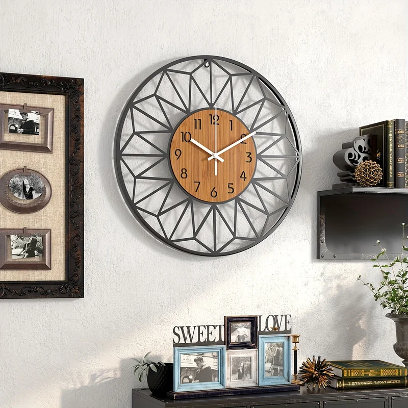 Euroselle Hollow Metal Wall Clock With Faux Wood Grain Finish