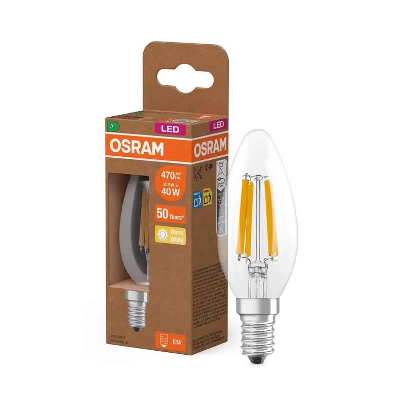 OSRAM LED CLASSIC B ENERGY EFFICIENCY A in B-Form, LED-Lampe, Bleifreies Glas, Klar, 2,2 W, (ex 40 W), 470 lm, Warmweiß, 2700 K, Energieeffizienzklasse: A, CRI 80
