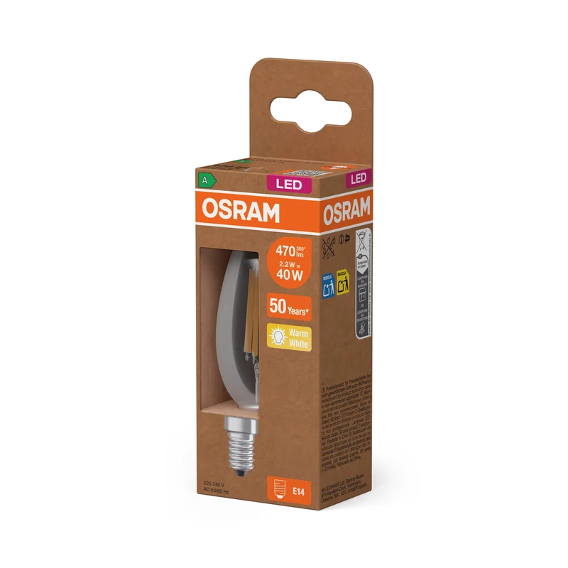 OSRAM LED CLASSIC B ENERGY EFFICIENCY A in B-Form, LED-Lampe, Bleifreies Glas, Klar, 2,2 W, (ex 40 W), 470 lm, Warmweiß, 2700 K, Energieeffizienzklasse: A, CRI 80