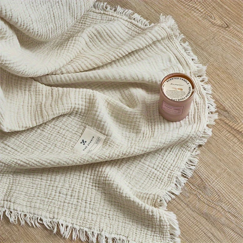 Euroselle Lightweight Four-Layer Cotton Gauze Blanket With Elegant Fringe