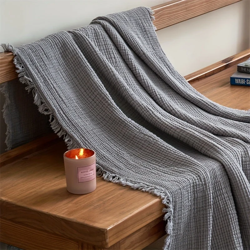 Euroselle Lightweight Four-Layer Cotton Gauze Blanket With Elegant Fringe