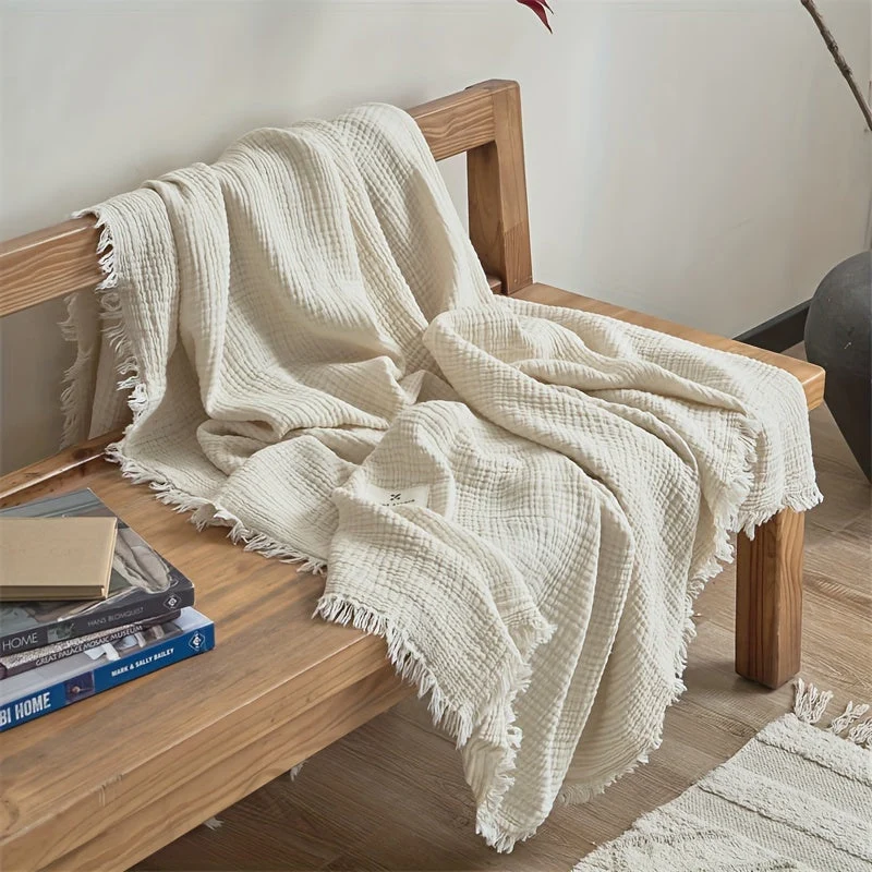 Euroselle Lightweight Four-Layer Cotton Gauze Blanket With Elegant Fringe