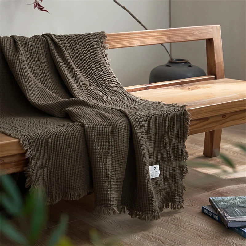 Euroselle Lightweight Four-Layer Cotton Gauze Blanket With Elegant Fringe