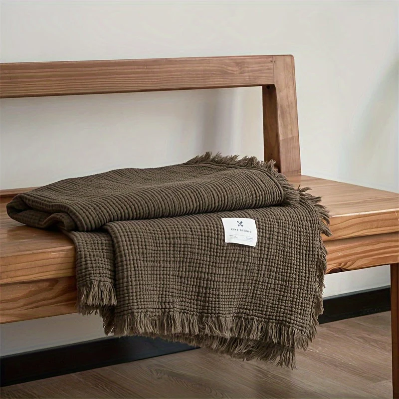 Euroselle Lightweight Four-Layer Cotton Gauze Blanket With Elegant Fringe