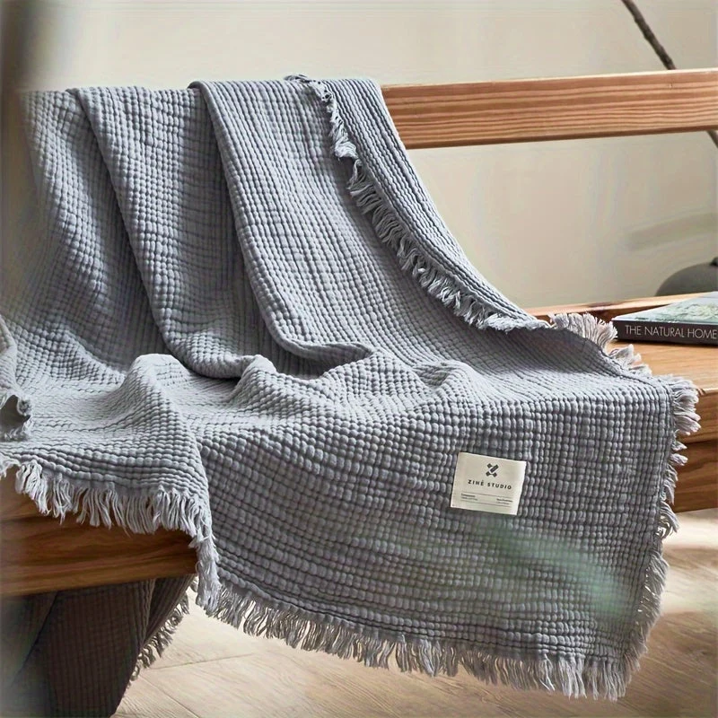 Euroselle Lightweight Four-Layer Cotton Gauze Blanket With Elegant Fringe