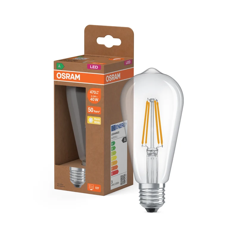 OSRAM LED LAMPS ENERGY CLASS A ENERGY EFFICIENCY FILAMENT CLASSIC EDISON , LED-Lampe, Bleifreies Glas, Klar, 2,2 W, 470 lm, Warmweiß, Energieeffizienzklasse: A