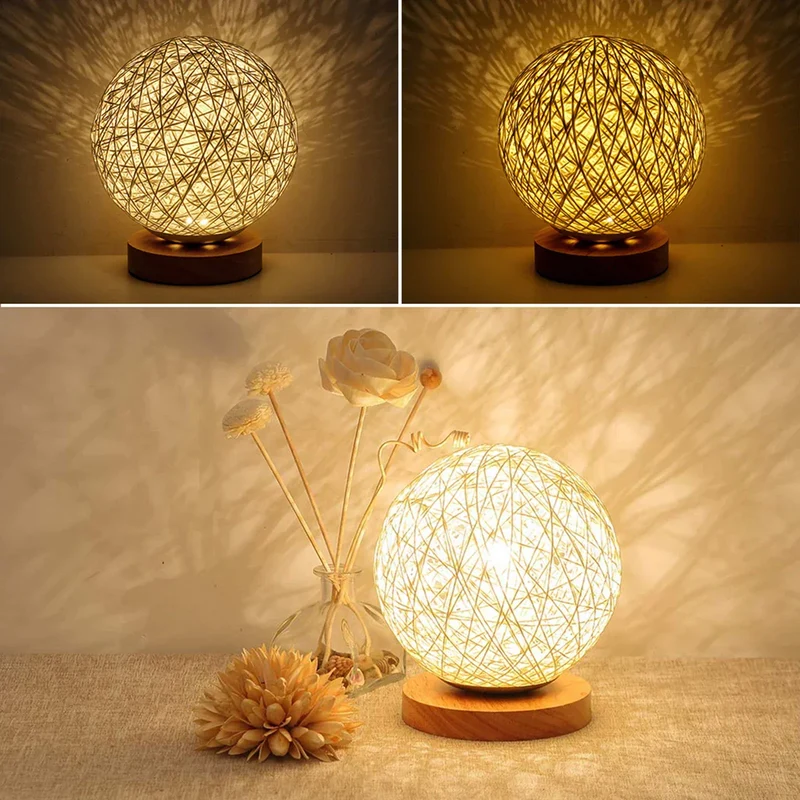 WovenGlow Hand Woven Rattan Ball Table Lamp With Warm Light Euroselle