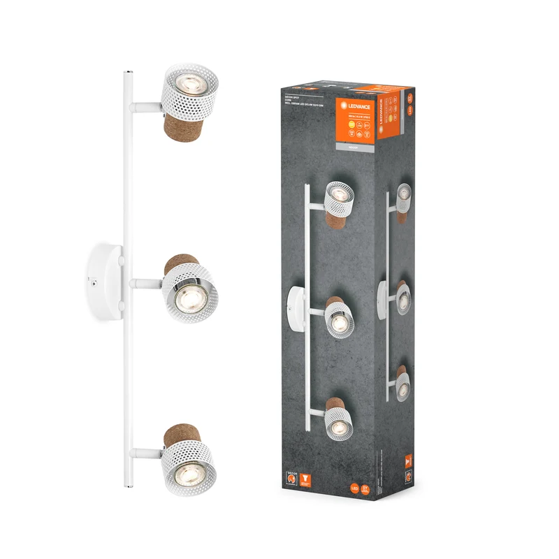 LEDVANCE DECOR SPOT CORK, 3 x 3,4W, 690lm, weiß, Spotleuchte, verstellbare Köpfe, vielseitig anwendbar, Innenraumspot, austauschbare LED-Lampen, dimmbar, warmweiße Lichtfarbe, GU10