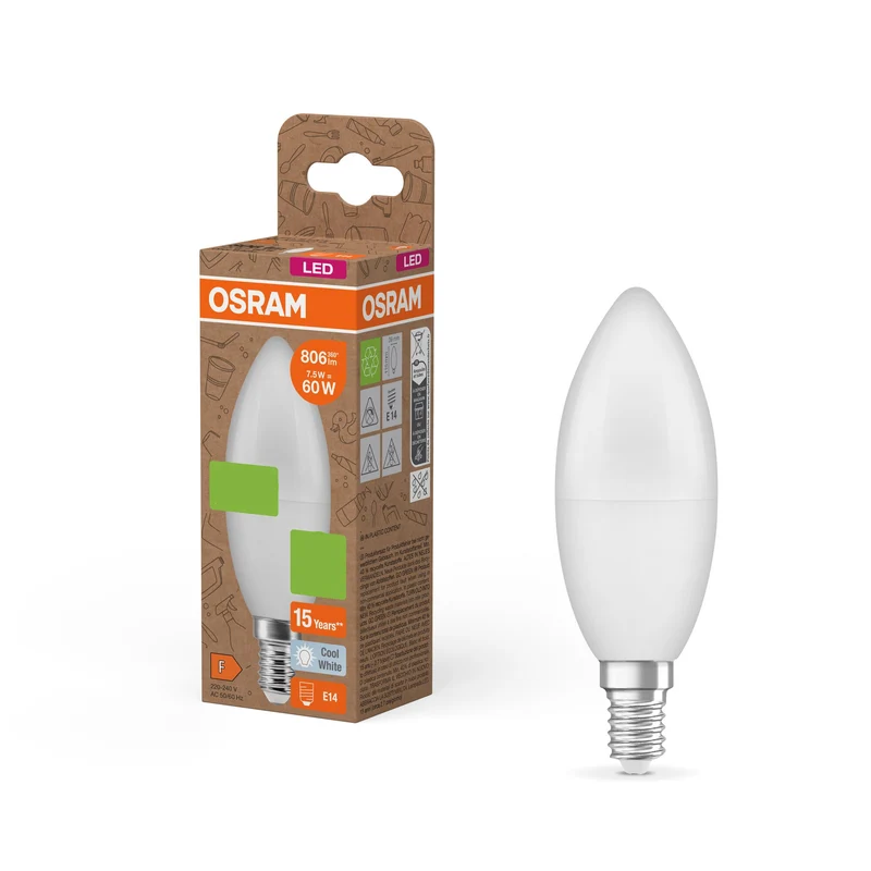 OSRAM LED PCR LAMPS WITH CLASSIC B , LED-Lampe, Matt, 7,5 W, (ex 60 W), 806 lm, Kaltweiß, 4000 K, 15000 h, CRI ≥80
