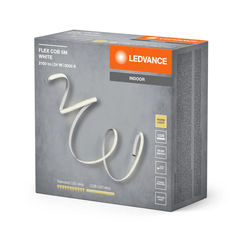 LEDVANCE FLEX COB 5M LED-Streifen, gelb, 22W, 1750lm, warmweißes Licht, COB-Technologie, homogene Lichtverteilung, lange Lebensdauer, einfache Montage, für Innenanwendung, Schutzklasse IP20, 3000K