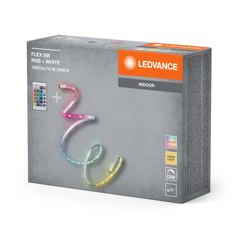 LEDVANCE FLEX 5M LED-Streifen RC, weiß, 14W, 900lm, warmweißes Licht, integrierter Sound-Receiver, RGB-Farbsensor, Fernbedienung, lange Lebensdauer, einfache Montage, Schutzklasse IP20