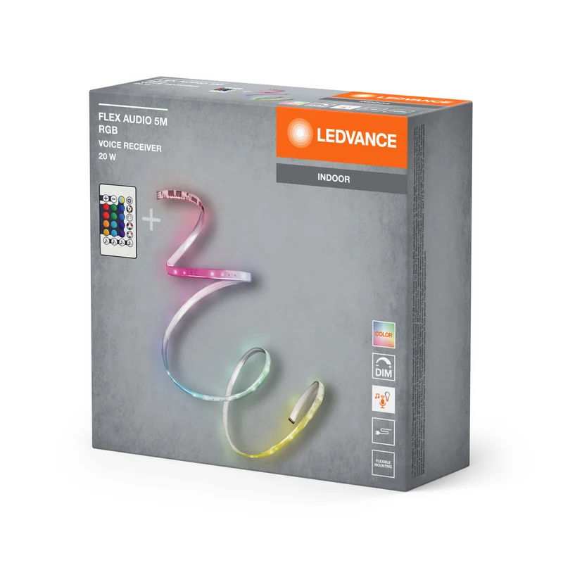 LEDVANCE FLEX AUDIO 5M LED-Streifen VR RC, weiß, 21W, 320lm, warmweißes Licht, integrierter Sound-Receiver, RGB-Farbsensor, Fernbedienung, lange Lebensdauer, einfache Montage, Schutzklasse IP20