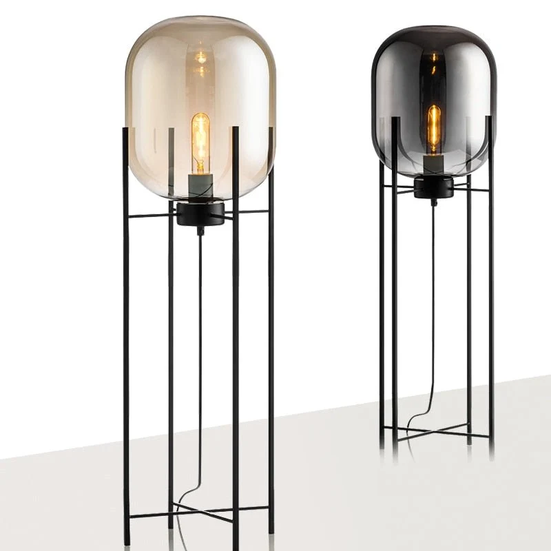 Euroselle Nordic Glass Floor Lamp With Minimalist Metal Linear Base