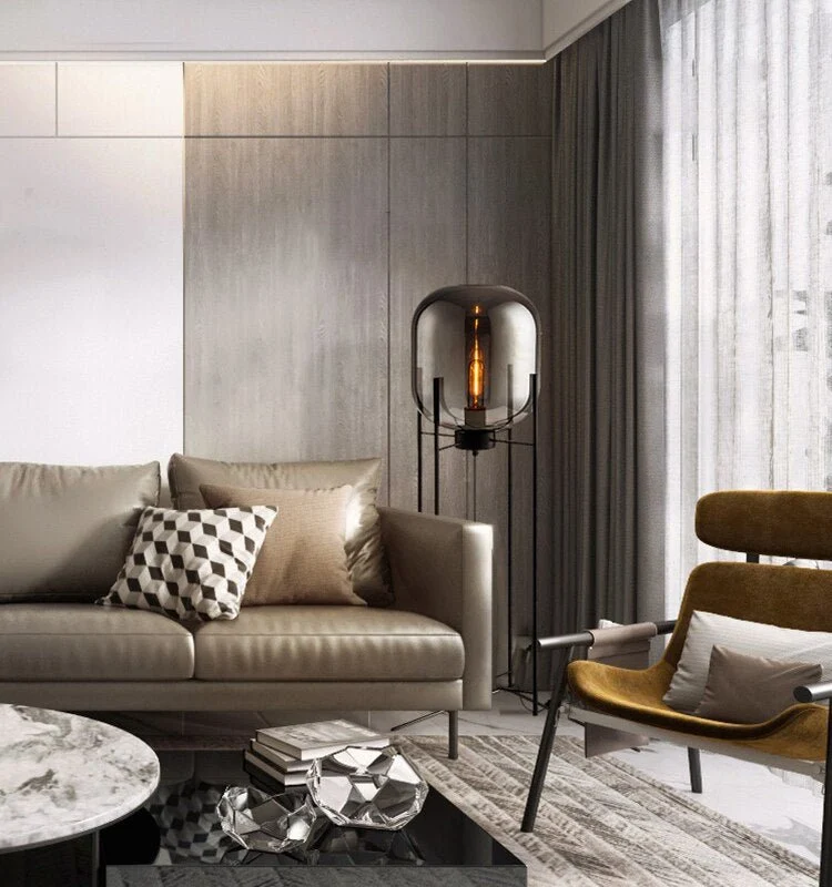 Euroselle Nordic Glass Floor Lamp With Minimalist Metal Linear Base