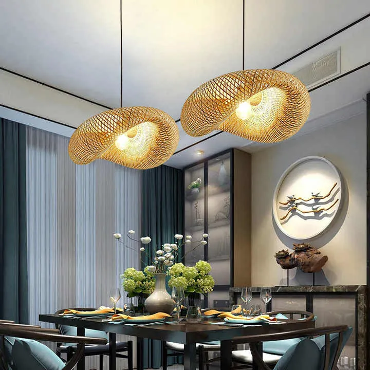 BambooWave Pendant Light With Natural Wicker Rattan Shade Euroselle