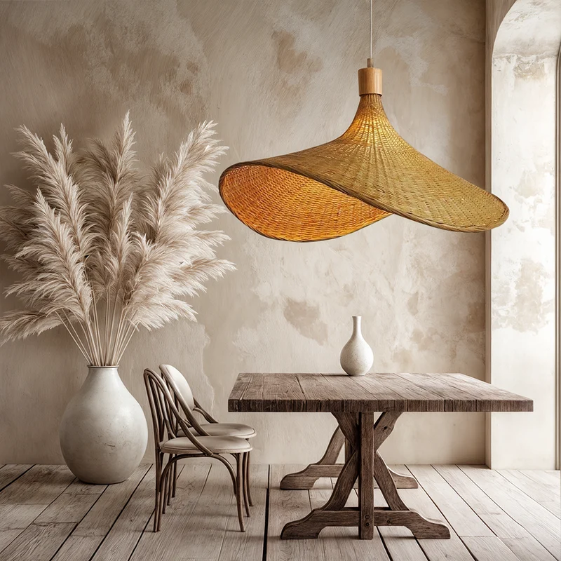 Euroselle Ren Bamboo Lamp With Neutral Woven Shade
