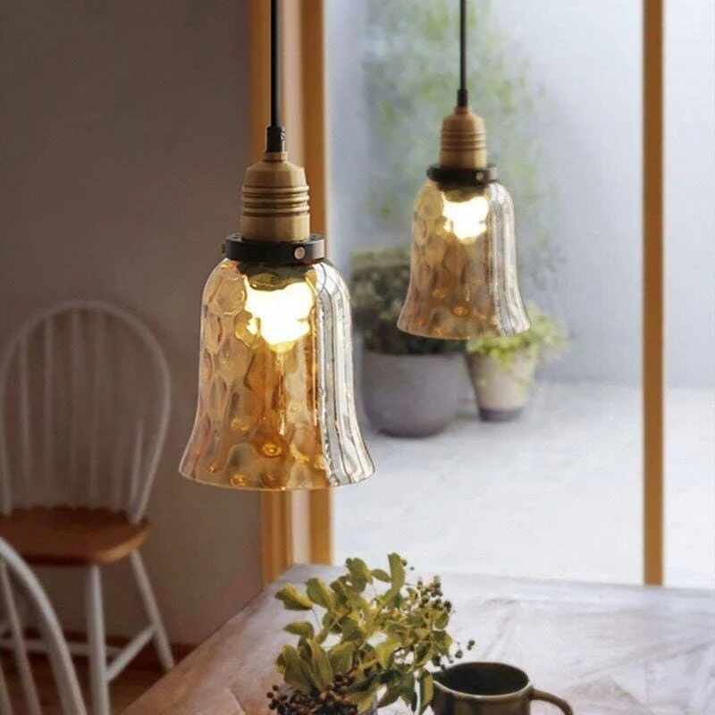 Euroselle Vintage Amber Glass LED Pendant Light With Retro Water Pattern
