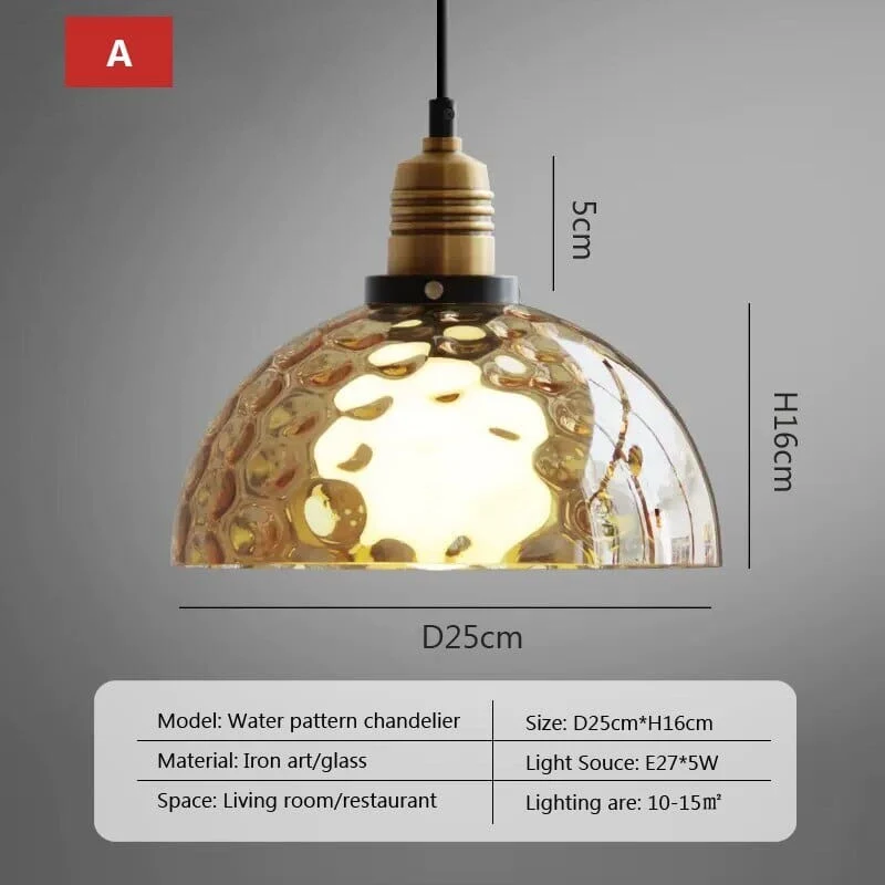 Euroselle Vintage Amber Glass LED Pendant Light With Retro Water Pattern
