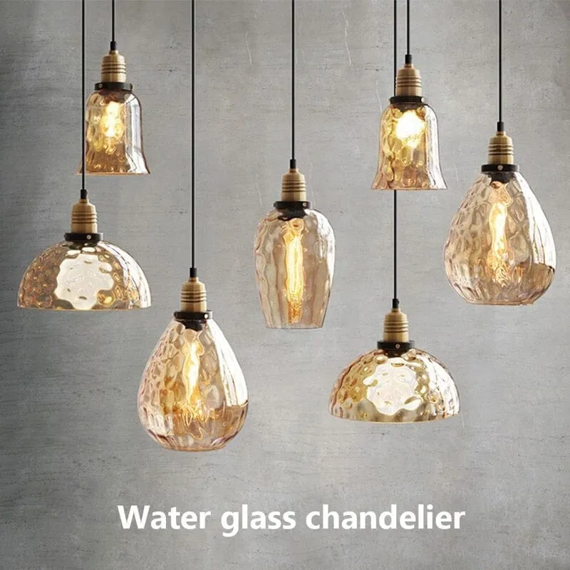Euroselle Vintage Amber Glass LED Pendant Light With Retro Water Pattern