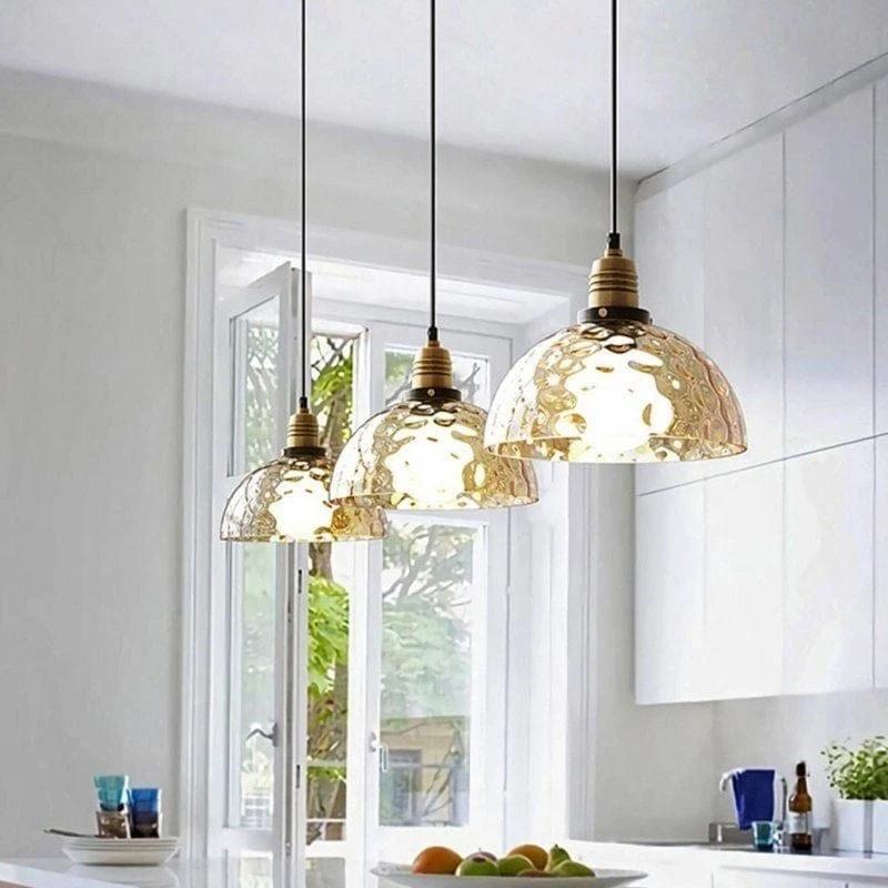 Euroselle Vintage Amber Glass LED Pendant Light With Retro Water Pattern
