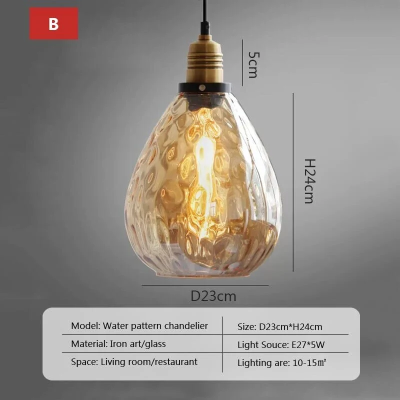 Euroselle Vintage Amber Glass LED Pendant Light With Retro Water Pattern