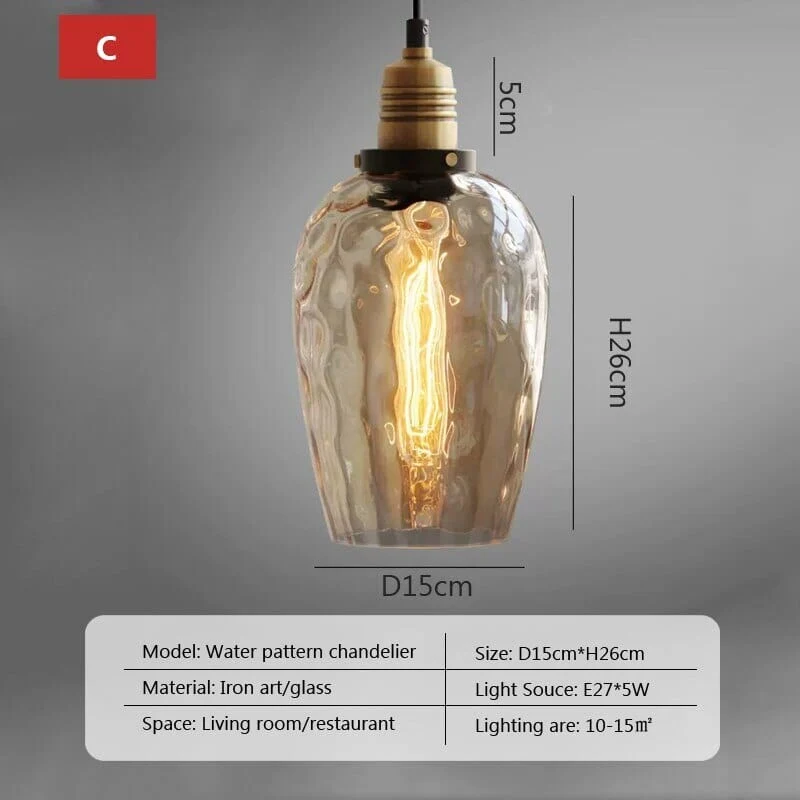 Euroselle Vintage Amber Glass LED Pendant Light With Retro Water Pattern