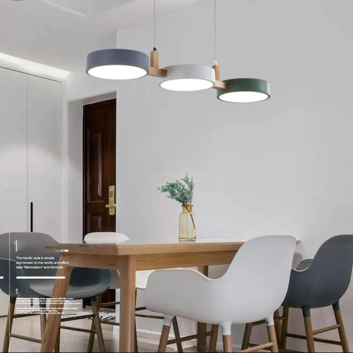 TrioGlow Modern LED Pendant With Wooden Lamp Body And Colorful Disks From Euroselle