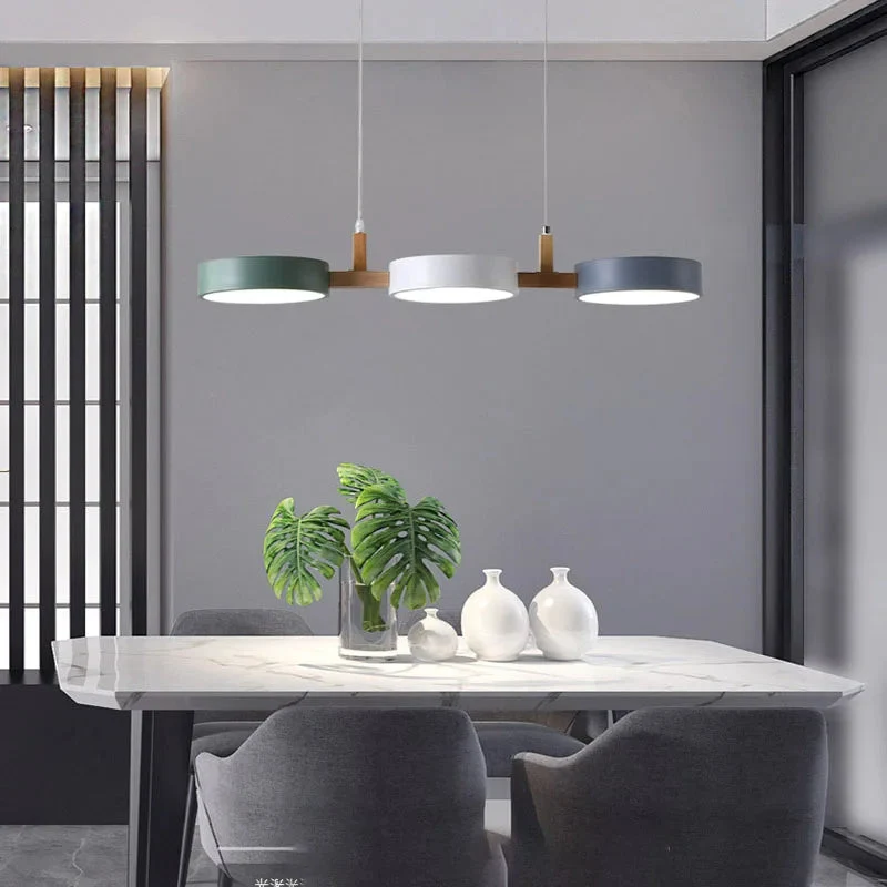 TrioGlow Modern LED Pendant With Wooden Lamp Body And Colorful Disks From Euroselle