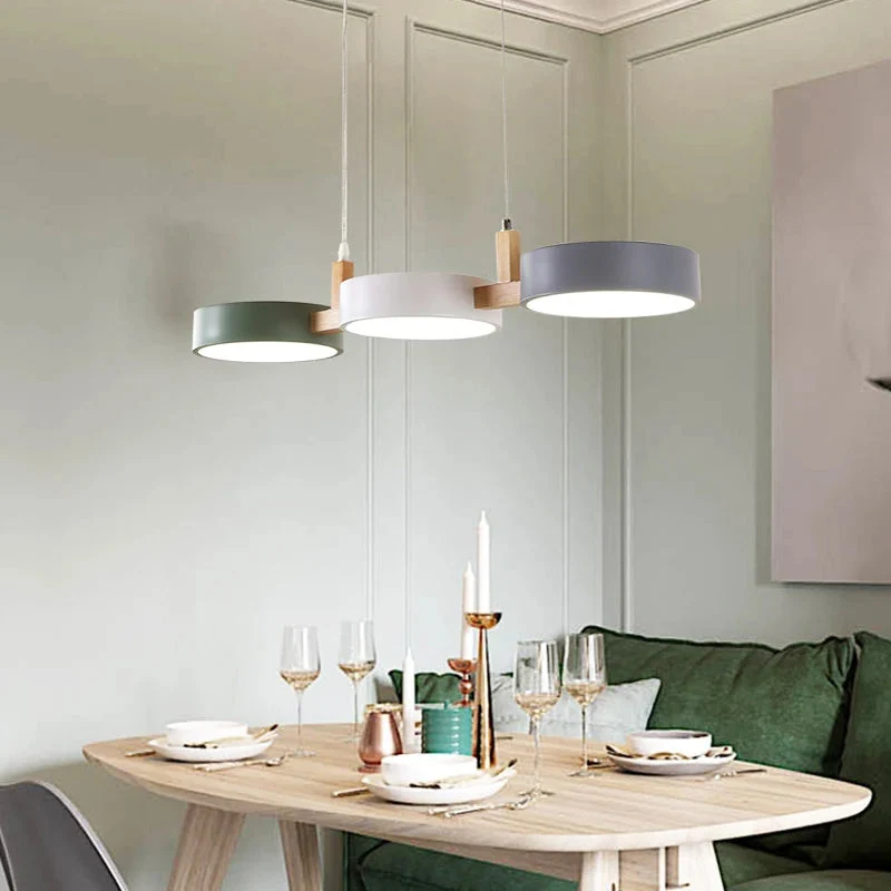 TrioGlow Modern LED Pendant With Wooden Lamp Body And Colorful Disks From Euroselle