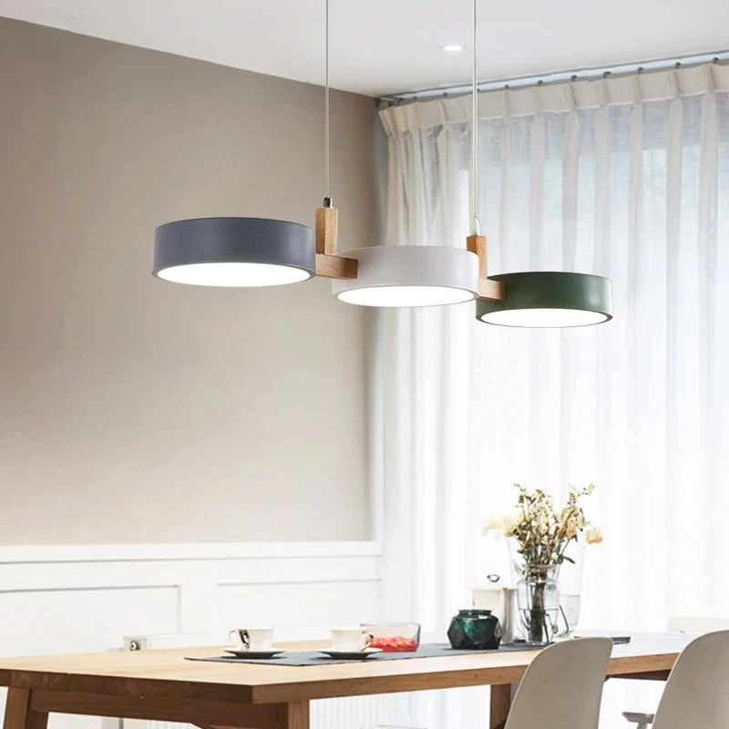 TrioGlow Modern LED Pendant With Wooden Lamp Body And Colorful Disks From Euroselle