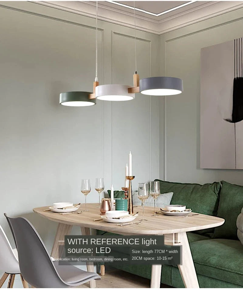 TrioGlow Modern LED Pendant With Wooden Lamp Body And Colorful Disks From Euroselle