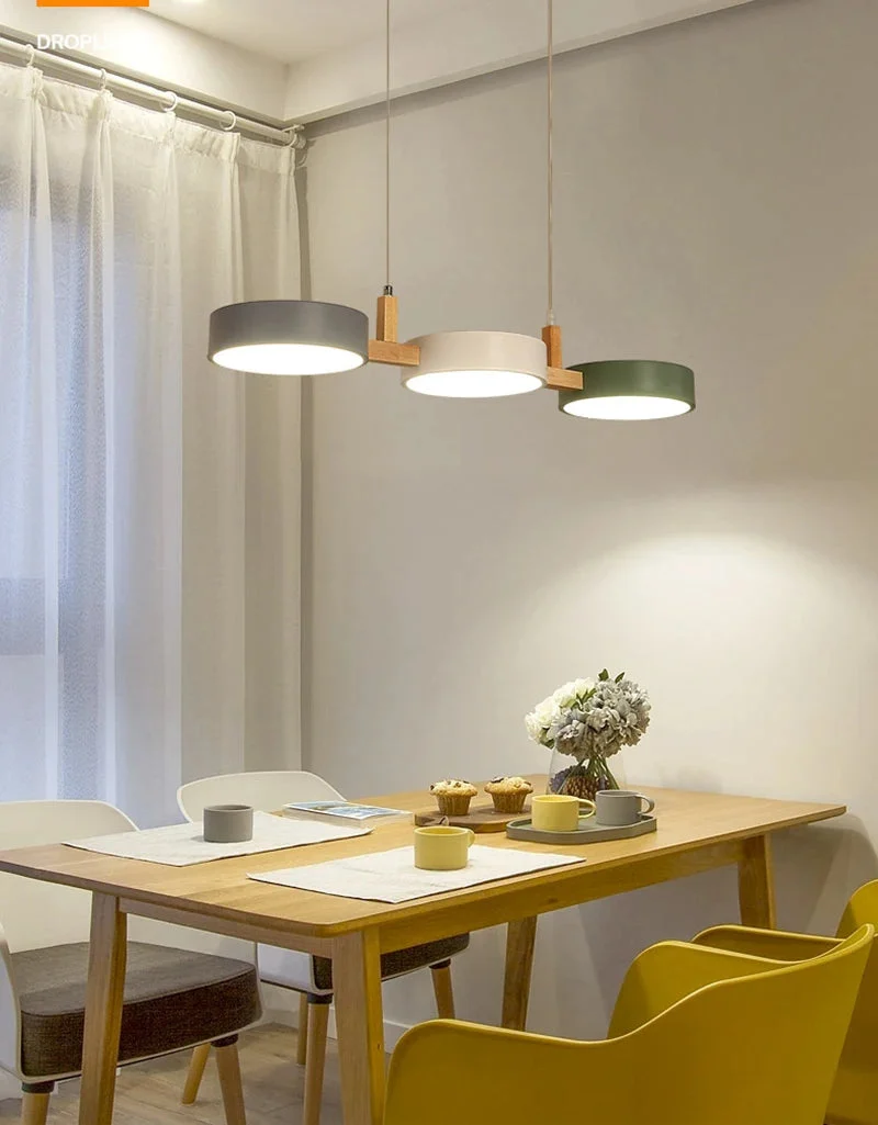 TrioGlow Modern LED Pendant With Wooden Lamp Body And Colorful Disks From Euroselle