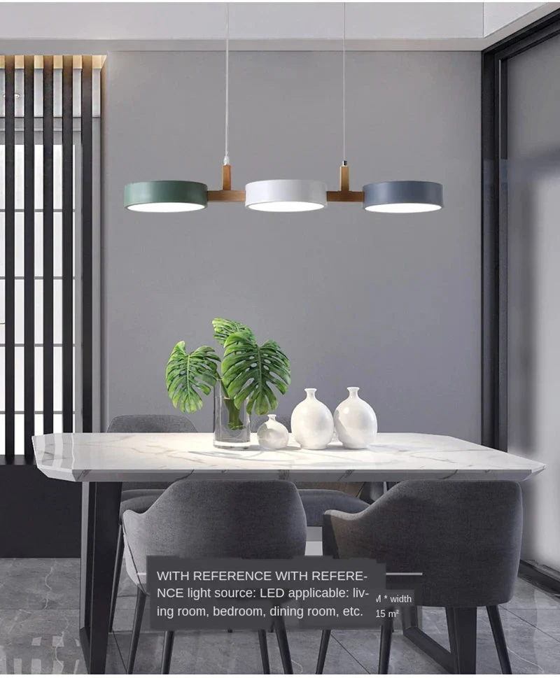 TrioGlow Modern LED Pendant With Wooden Lamp Body And Colorful Disks From Euroselle
