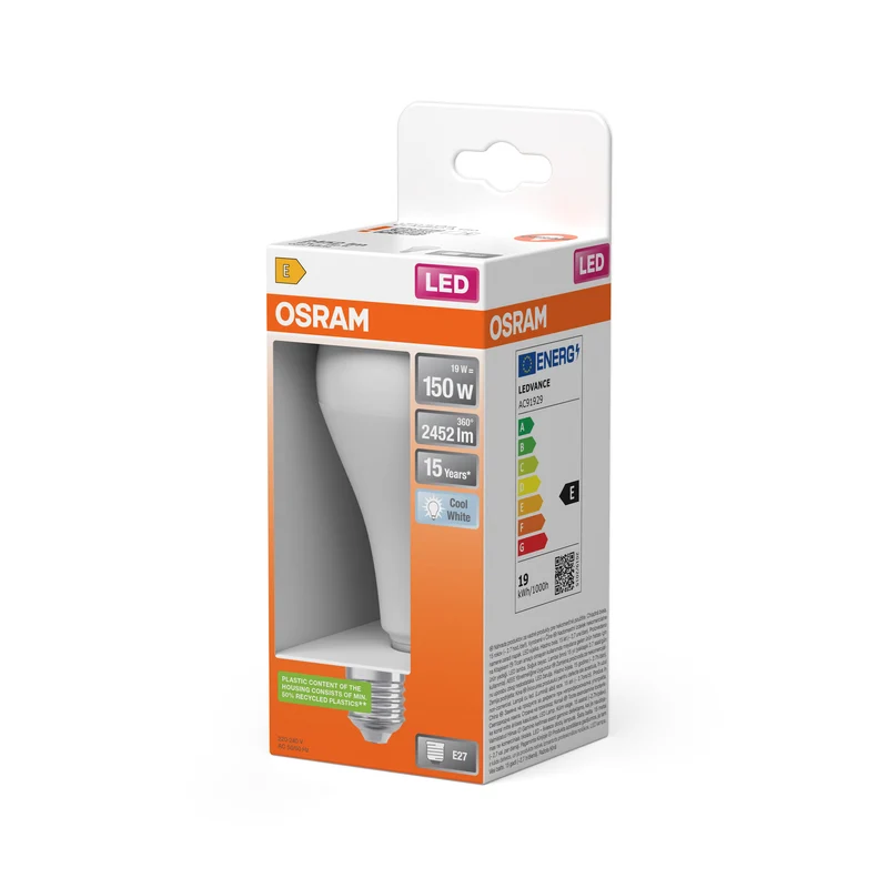 OSRAM LED PCR LAMP WITH CLASSIC A in A-Form, LED-Lampe, Matt, 19 W, (ex 150 W), 2452 lm, Kaltweiß, 4000 K, 15000 h, CRI 80