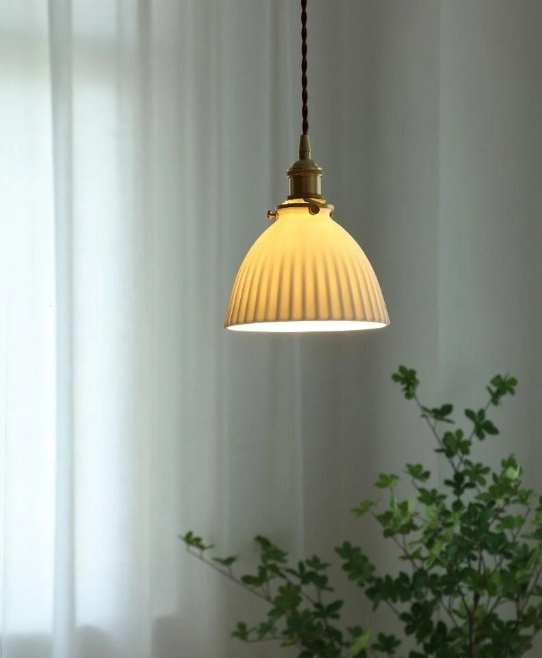 Euroselle Ceramic Ribbed Pendant LED Light In Japanese Pleated Cup Shape Bulb Included