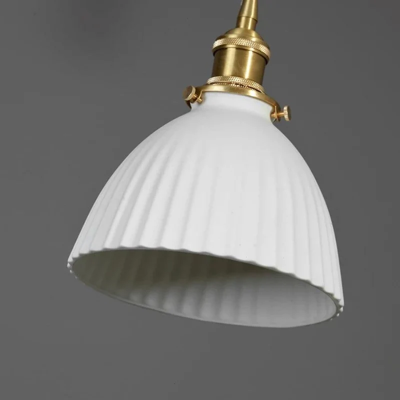 Euroselle Ceramic Ribbed Pendant LED Light In Japanese Pleated Cup Shape Bulb Included