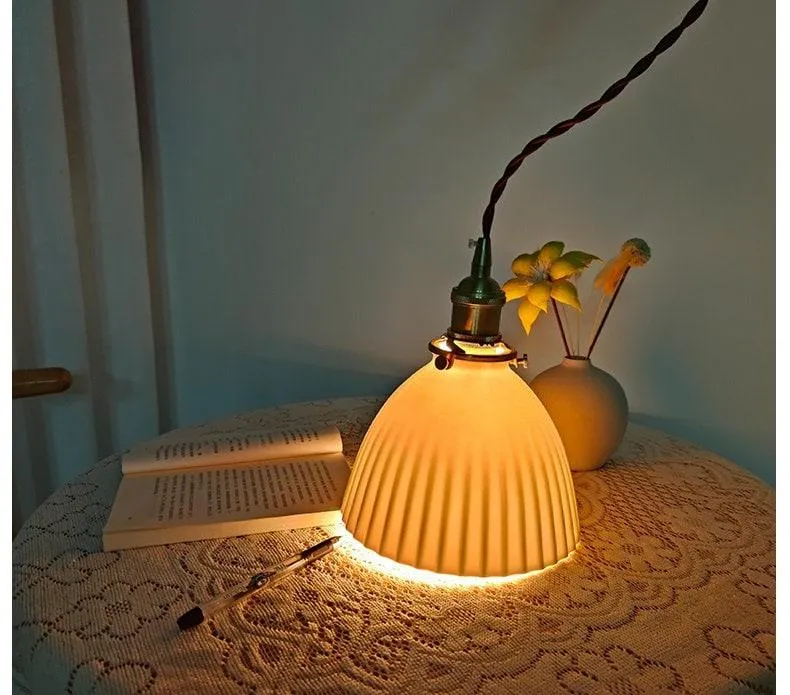 Euroselle Ceramic Ribbed Pendant LED Light In Japanese Pleated Cup Shape Bulb Included