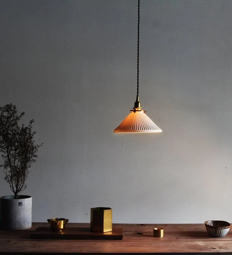 Euroselle Ceramic Ribbed Pendant LED Light In Japanese Pleated Cup Shape Bulb Included