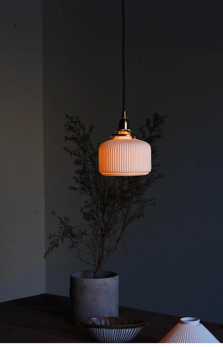 Euroselle Ceramic Ribbed Pendant LED Light In Japanese Pleated Cup Shape Bulb Included